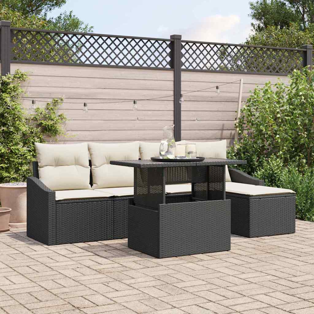Garten-Sofa-Set mit Kissen mit Speicher 6 pcs Schwarz und Creme